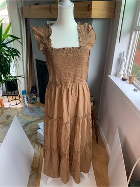 August Sun Brown Ruffle Strap Smocked Maxi Dress